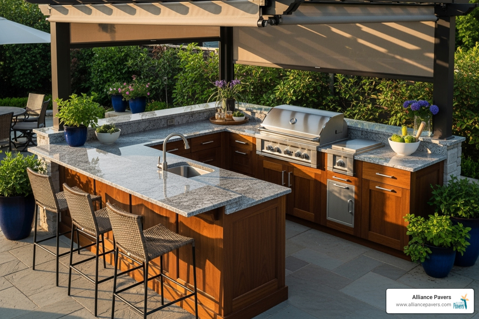 L-shaped outdoor kitchen layout showcasing stylish cabinets and a bar area - outdoor kitchen cabinets