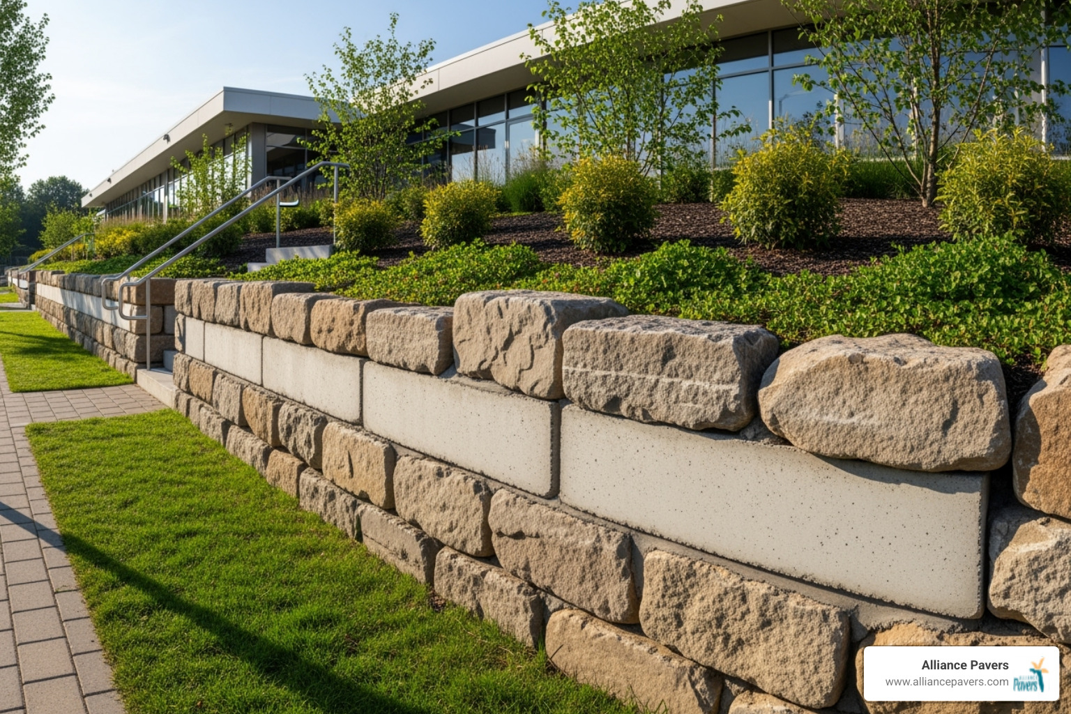 functional retaining wall solving a slope issue on a commercial property - landscaping service