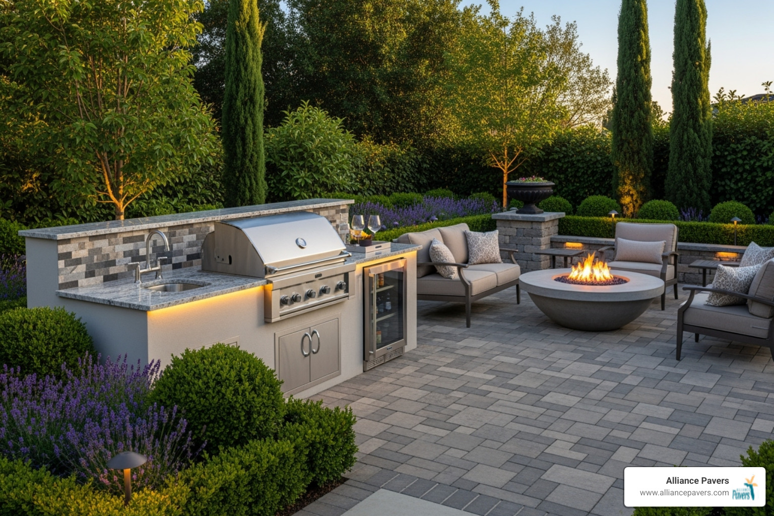 high-end patio with outdoor kitchen and fire pit - how much does a custom patio cost