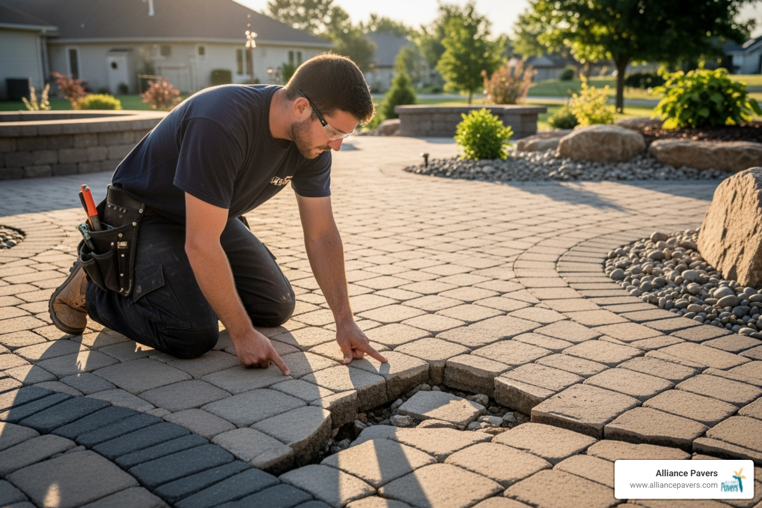 A professional hardscaper from Alliance Pavers inspecting a complex patio issue, possibly pointing out a foundational crack - Stone patio repair