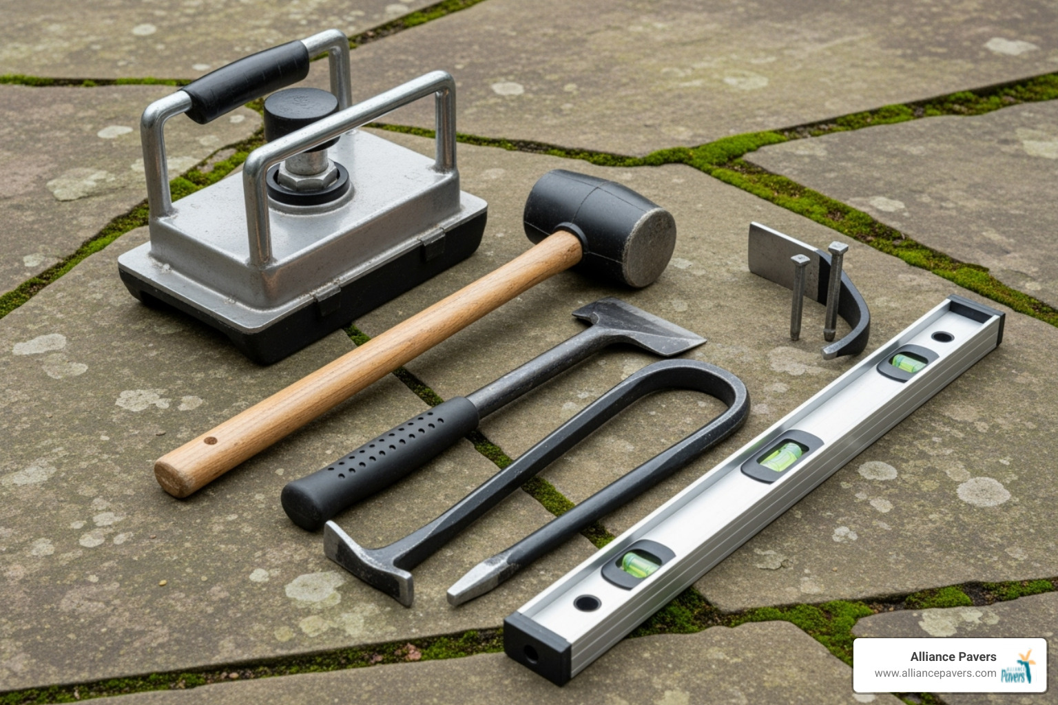 Essential patio repair tools like a hand tamper, rubber mallet, level, and pry bars laid out on a patio - Stone patio repair