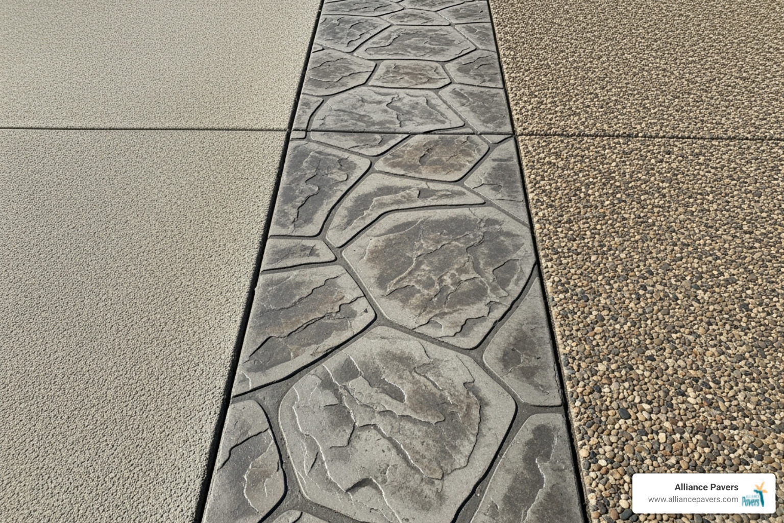 three different concrete finishes side-by-side (broom, stamped, exposed aggregate) - concrete driveway contractor