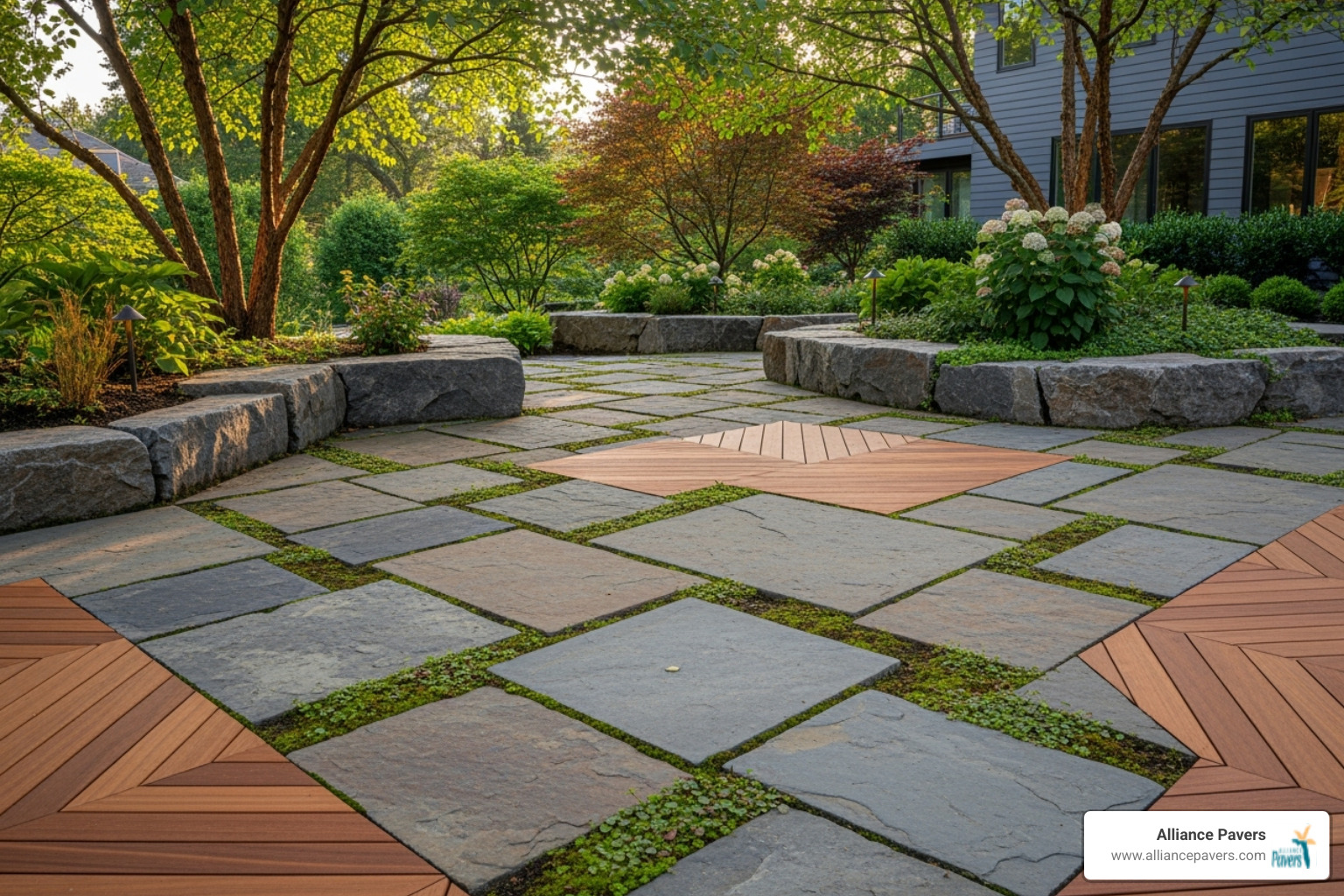 beautiful paver patio with mixed stone and wood textures - creative outdoor living spaces