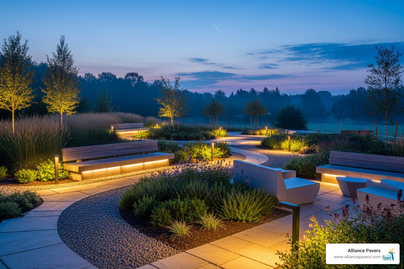 beautifully lit outdoor space at dusk, highlighting pathways and seating areas - Outdoor living design