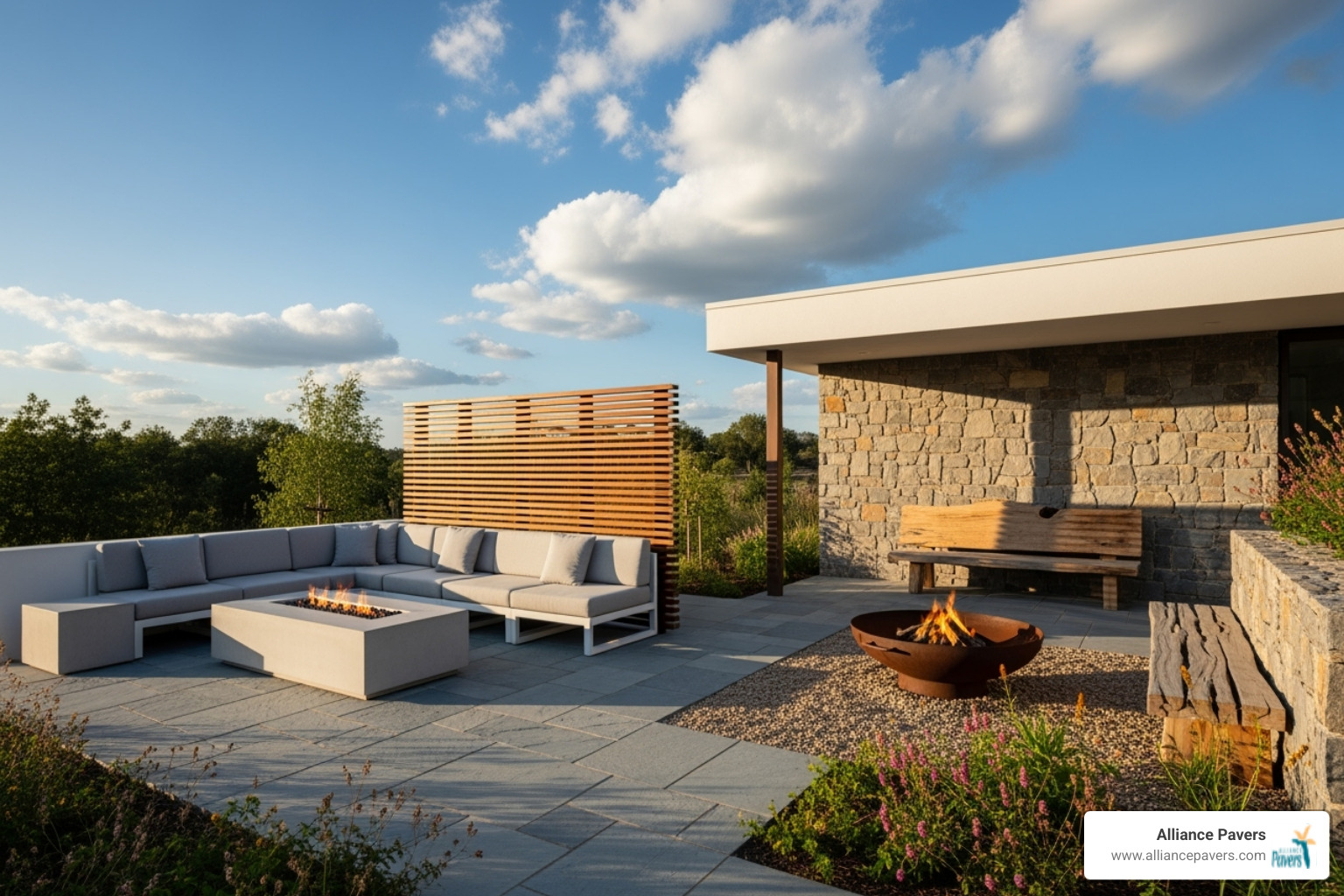 modern outdoor living area with clean lines and another of a rustic space with natural stone and wood - Outdoor living design