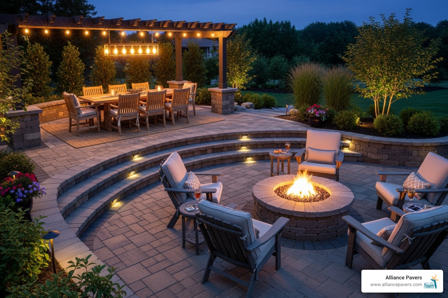 A multi-level paver patio with a fire pit, showcasing a cozy and inviting outdoor entertainment area - hardscaping services