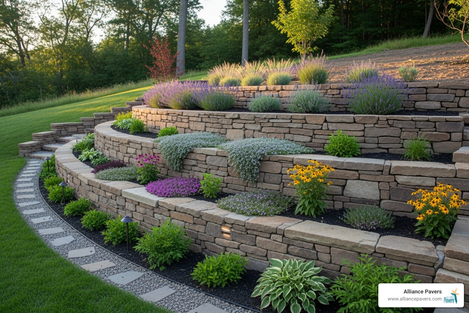 A tiered retaining wall with integrated planting beds, showcasing effective erosion control and aesthetic appeal - hardscaping services