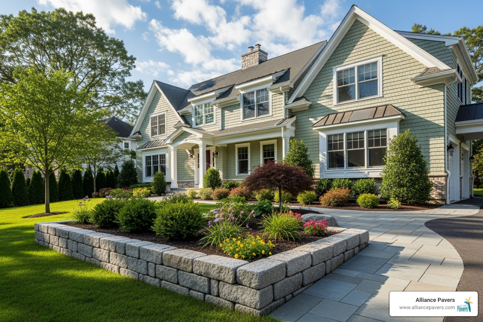A home with high curb appeal due to a new walkway and retaining wall, showcasing improved aesthetics and functionality - hardscaping services