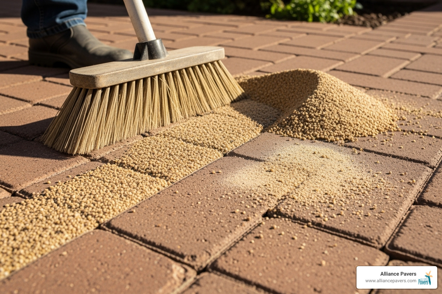 polymeric sand being swept into the paver joints - putting in a patio with bricks