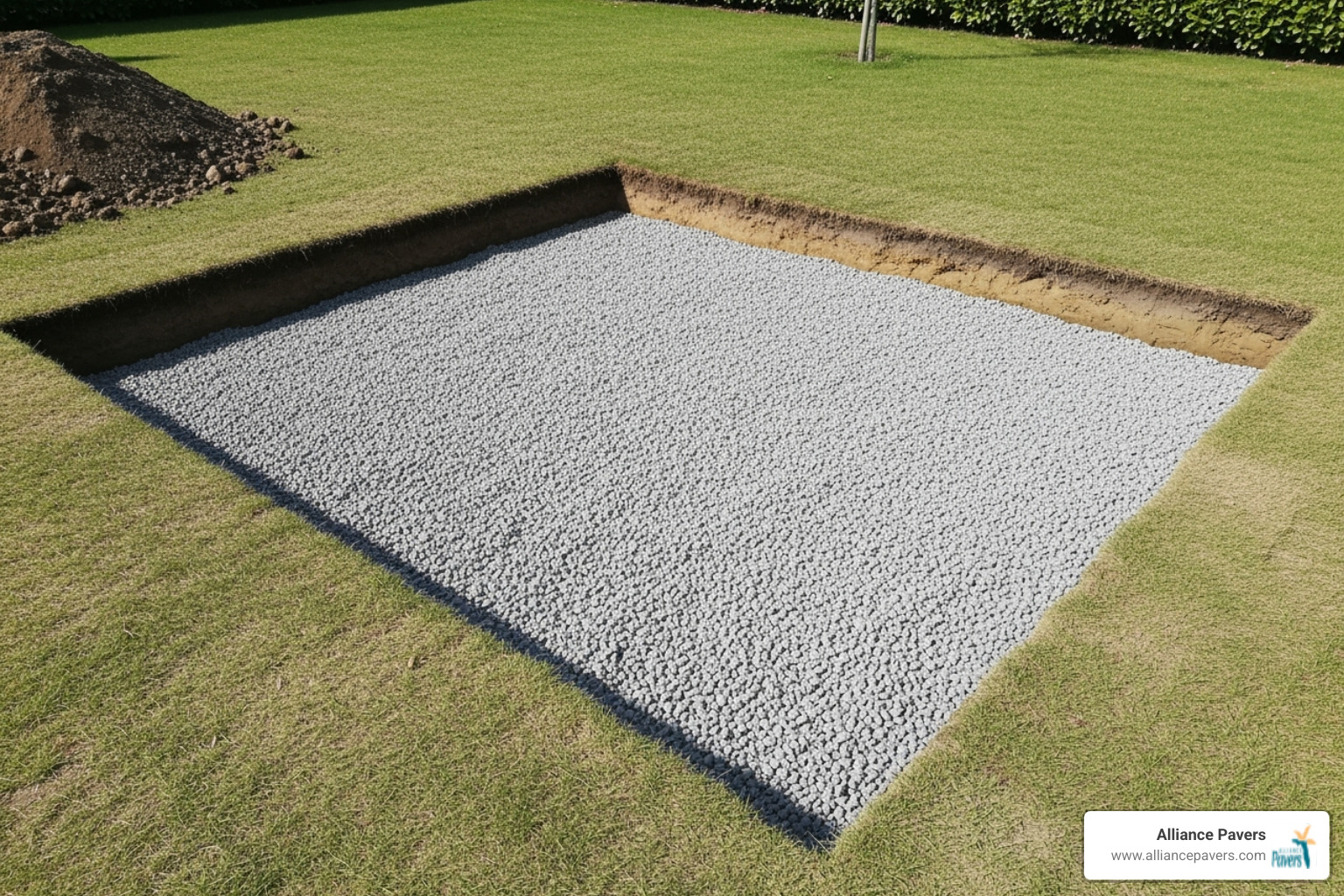 neatly excavated area with a compacted gravel base - putting in a patio with bricks