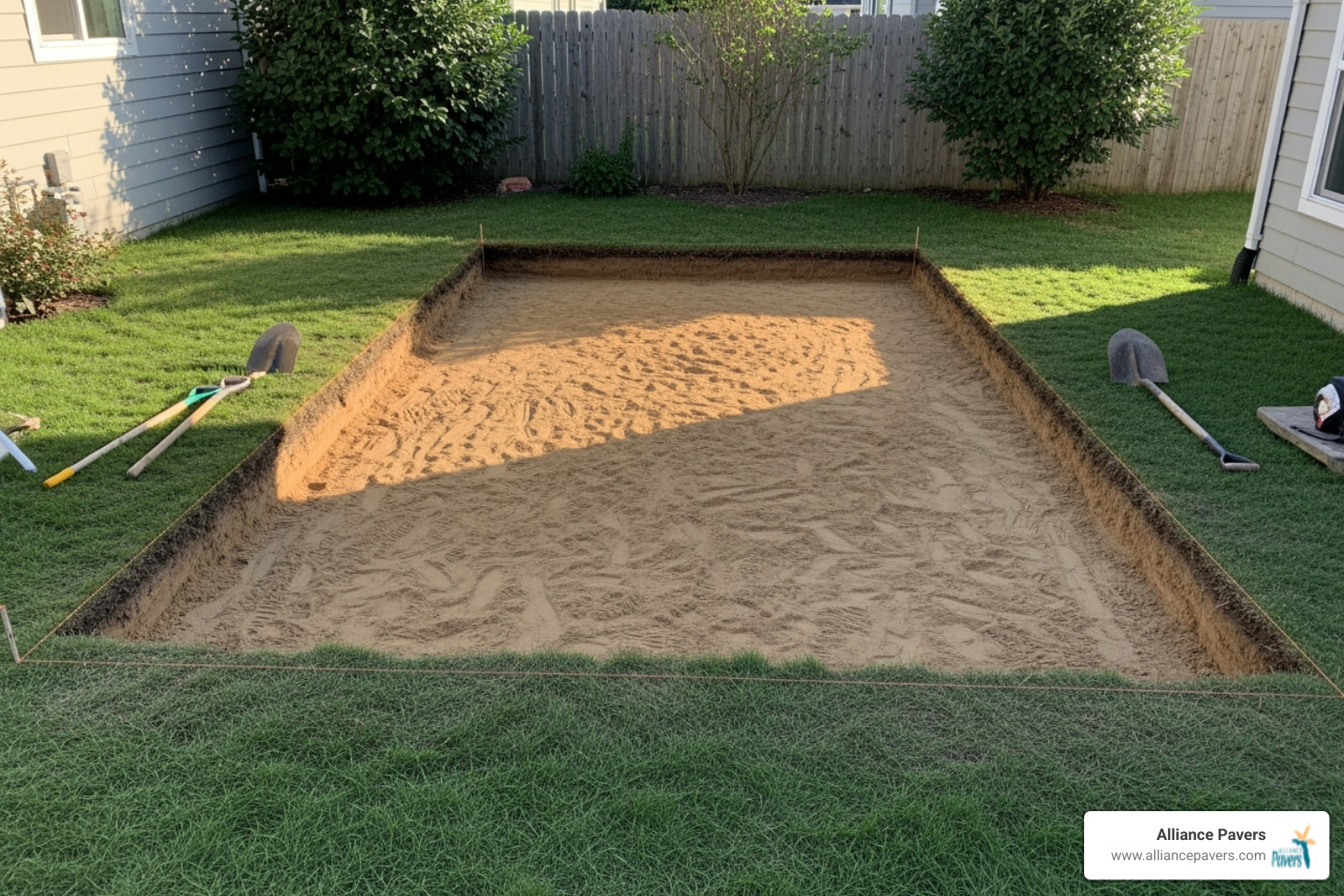 A residential backyard showing a section of excavated earth where natural grass has been removed, with the area clearly marked and leveled for artificial turf installation. - residential artificial grass installation