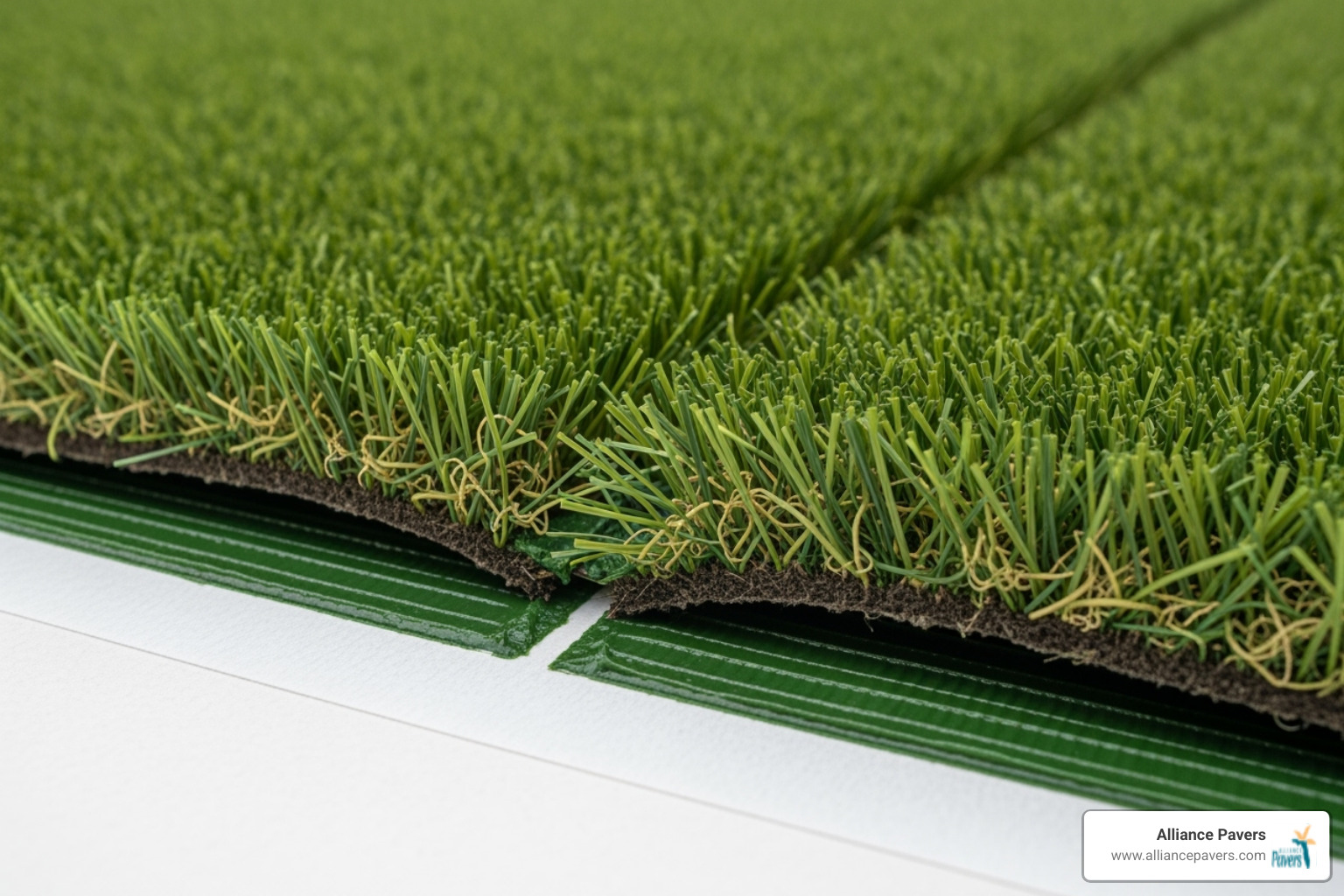 Close-up view of two pieces of artificial turf being carefully brought together over a strip of seaming tape, with adhesive visible, ensuring a seamless and almost invisible join. - residential artificial grass installation