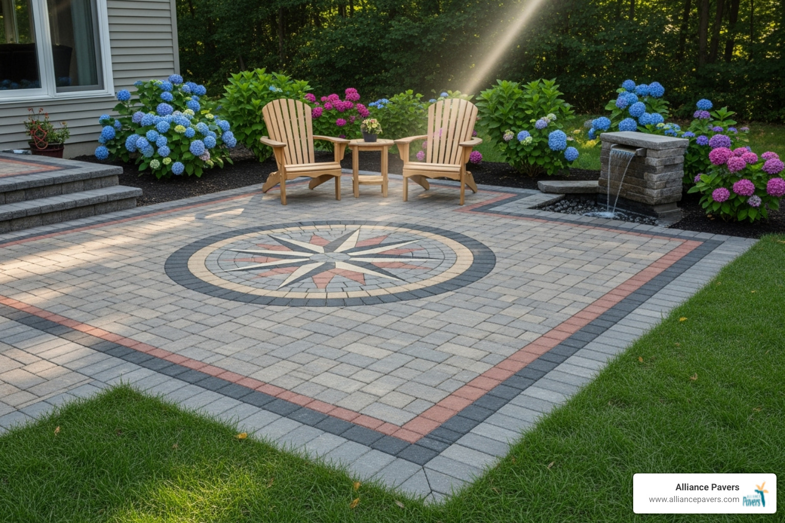 patio using multiple paver colors to create a border and inlay - Landscape paver designs