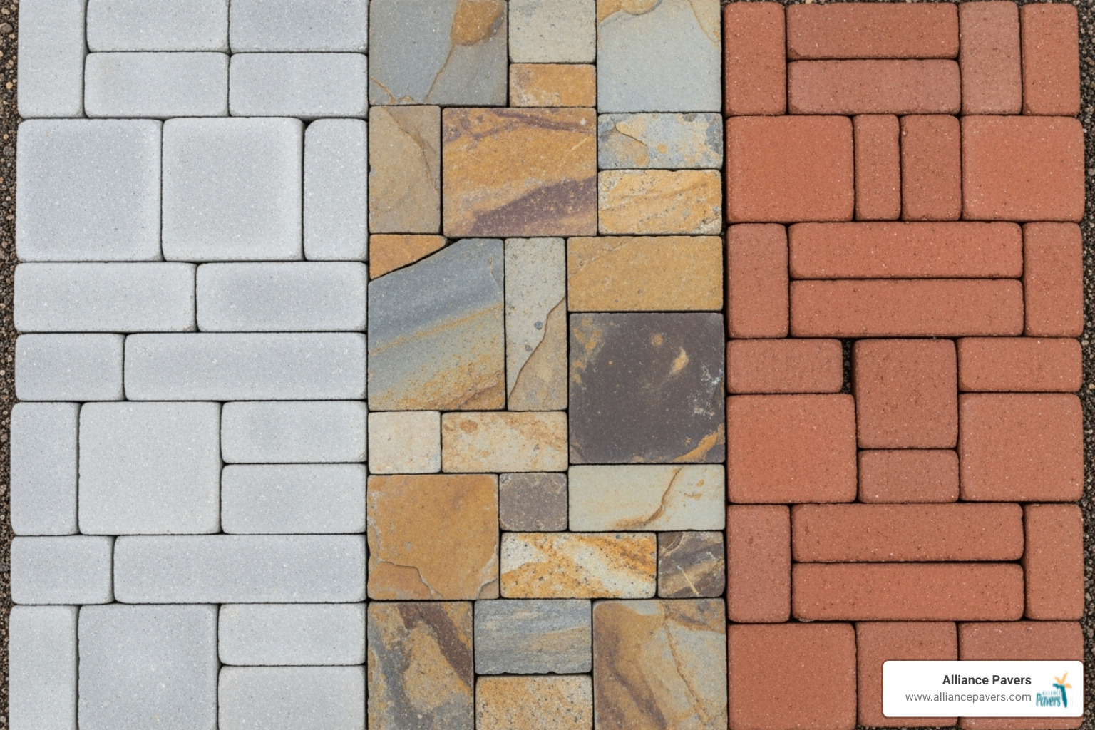 different paver materials like concrete, natural stone, and clay brick side-by-side - Landscape paver designs