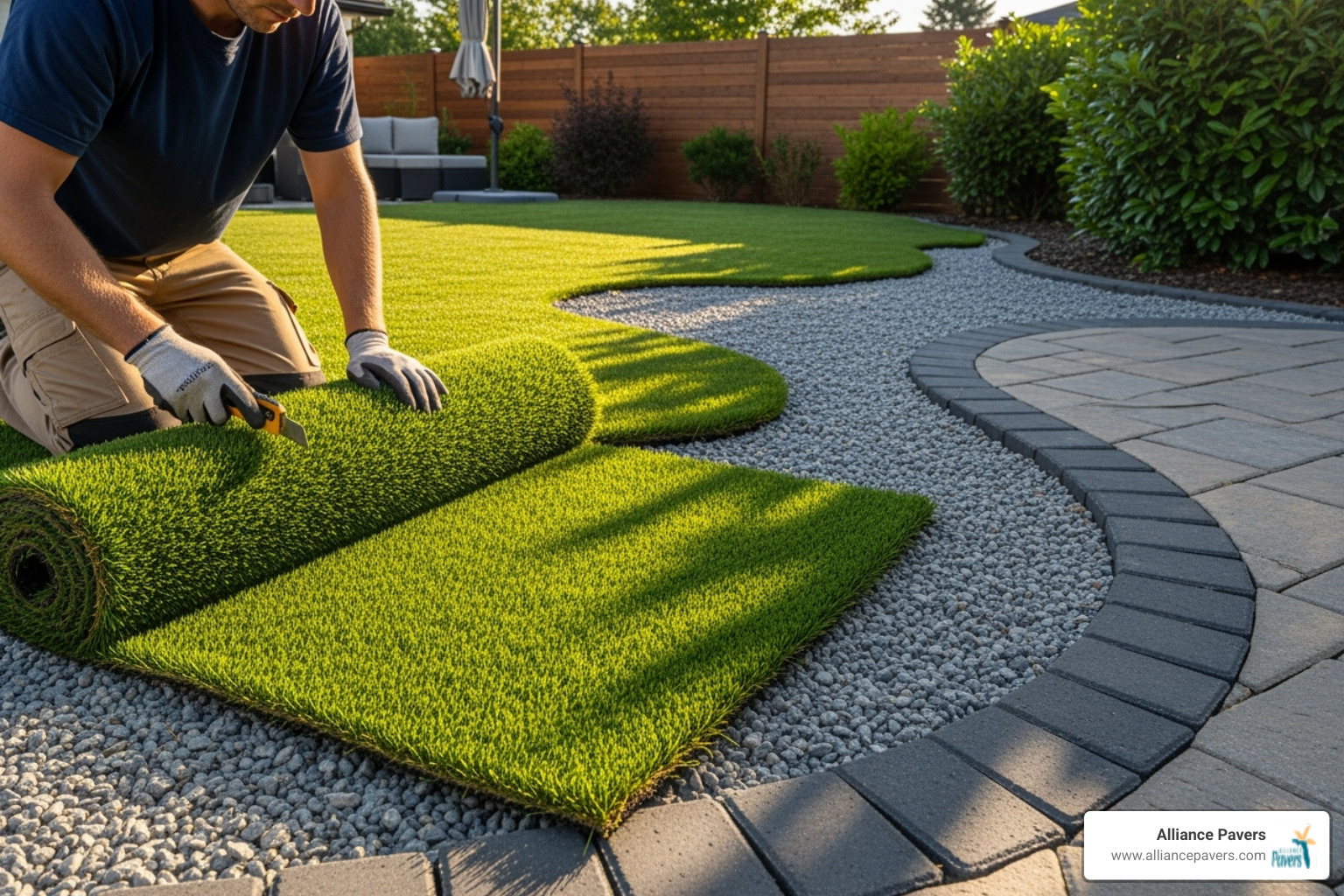 Artificial turf being unrolled and cut to fit an irregular shape - step by step artificial grass installation