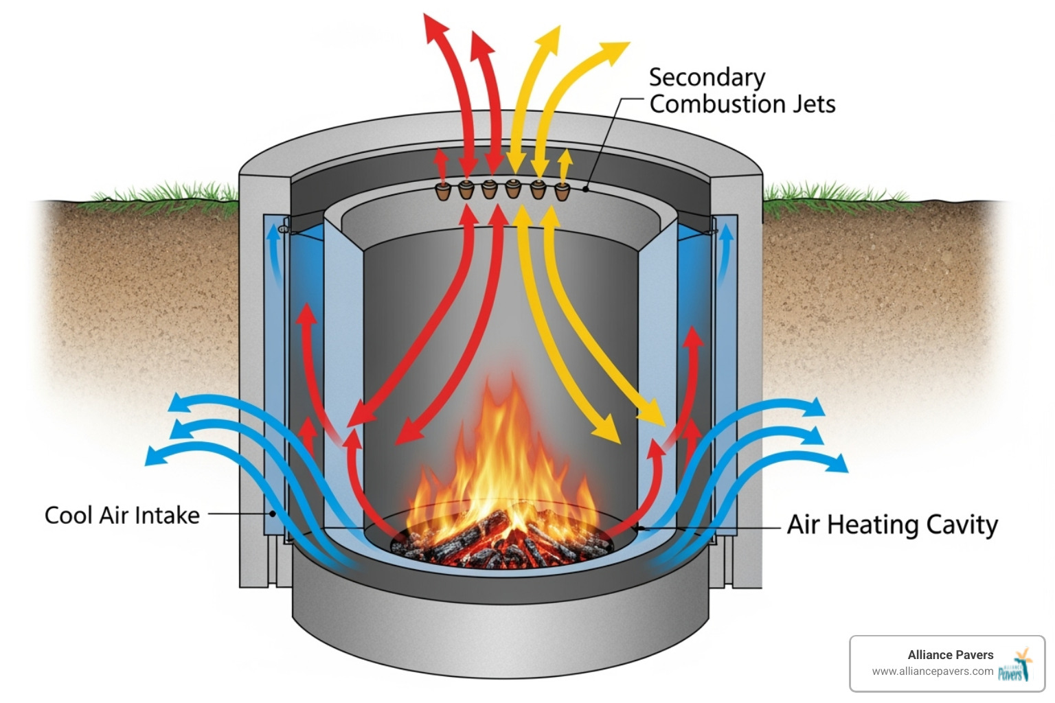 diagram illustrating the airflow in a smokeless fire pit - firepits
