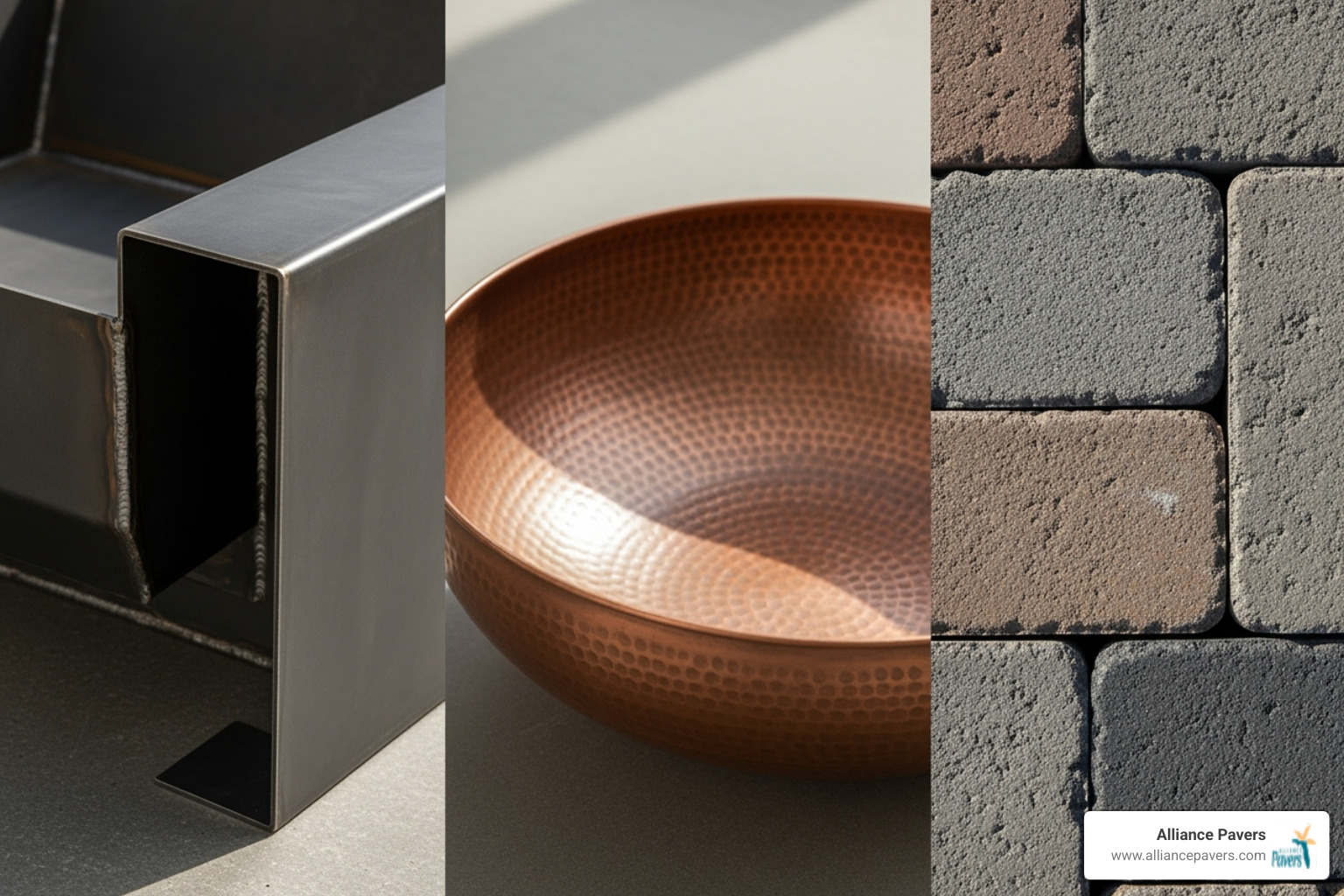 different fire pit materials like steel, copper, and stone pavers - firepits