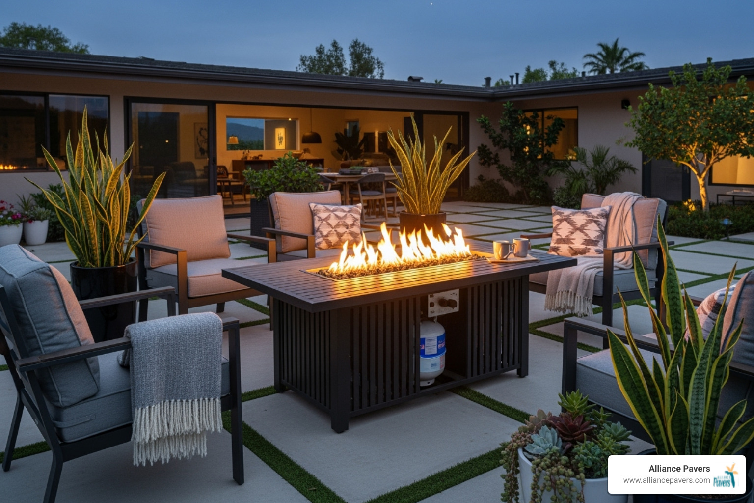 modern propane fire table on a patio - firepits