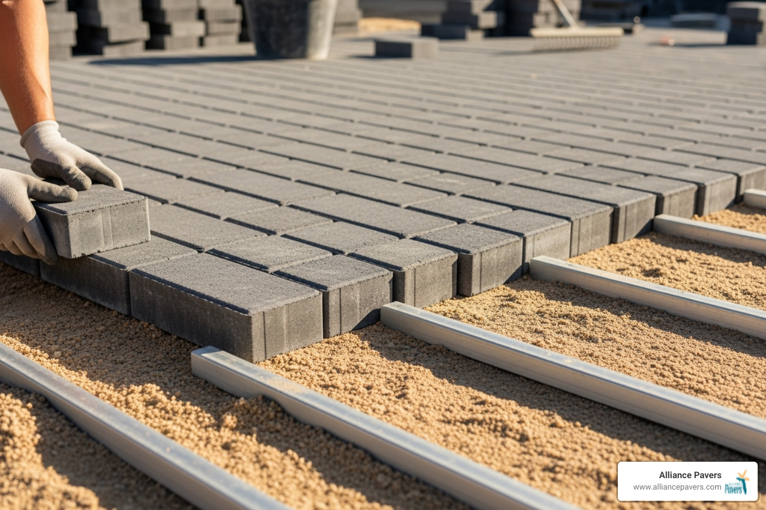 pavers being laid in a running bond pattern next to screed pipes - paver installation