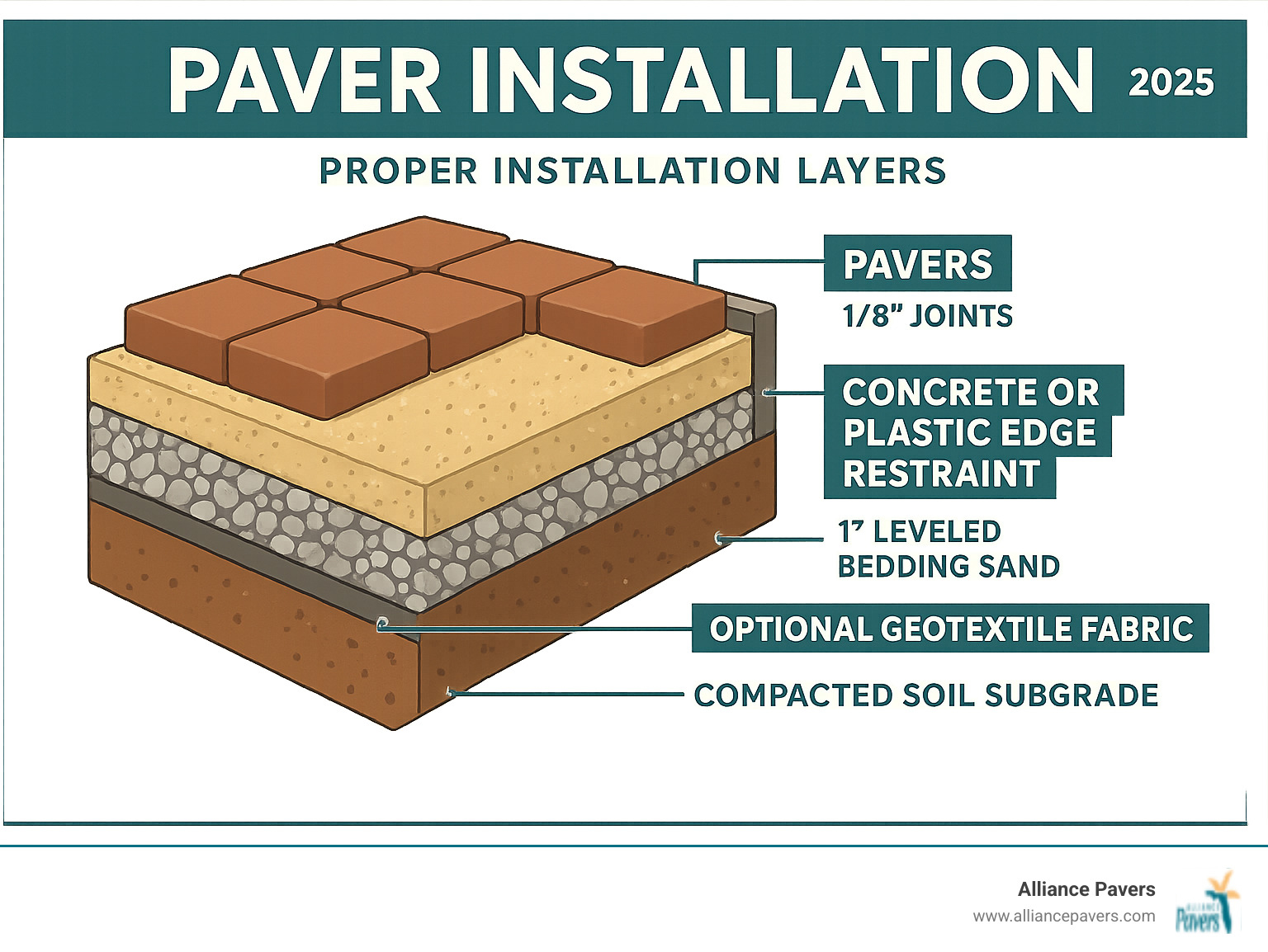 Detailed cross-section diagram showing proper paver installation layers from bottom to top: compacted soil subgrade, optional geotextile fabric, 4-6 inch compacted gravel base, 1 inch leveled bedding sand, pavers with 1/8 inch joints, and concrete or plastic edge restraints along the perimeter - paver installation infographic 