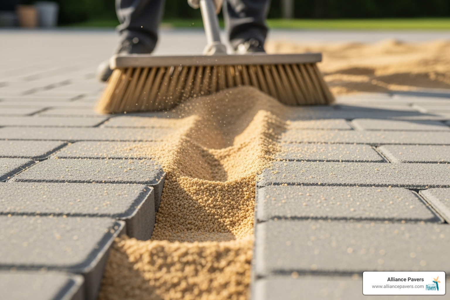 polymeric sand being swept into paver joints before final compaction - paver installation