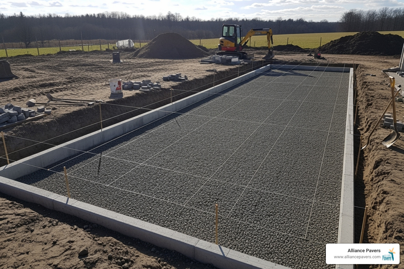 properly excavated area with a compacted gravel base and string lines indicating the slope - paver installation