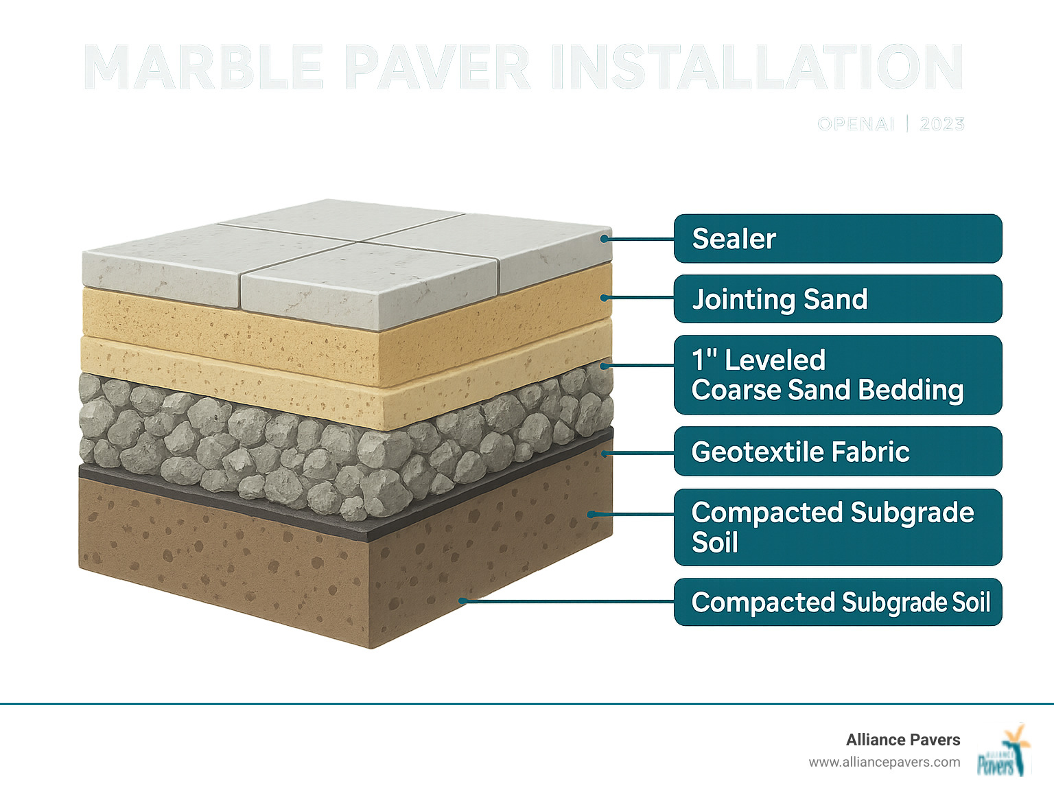 Detailed cross-section infographic showing marble paver installation layers from bottom to top: compacted subgrade soil, geotextile fabric, 4-6 inch crushed gravel base in compacted layers, 1 inch leveled coarse sand bedding, marble pavers with consistent joints, jointing sand swept and compacted, and final protective sealer coating - Marble Paver Installation infographic 