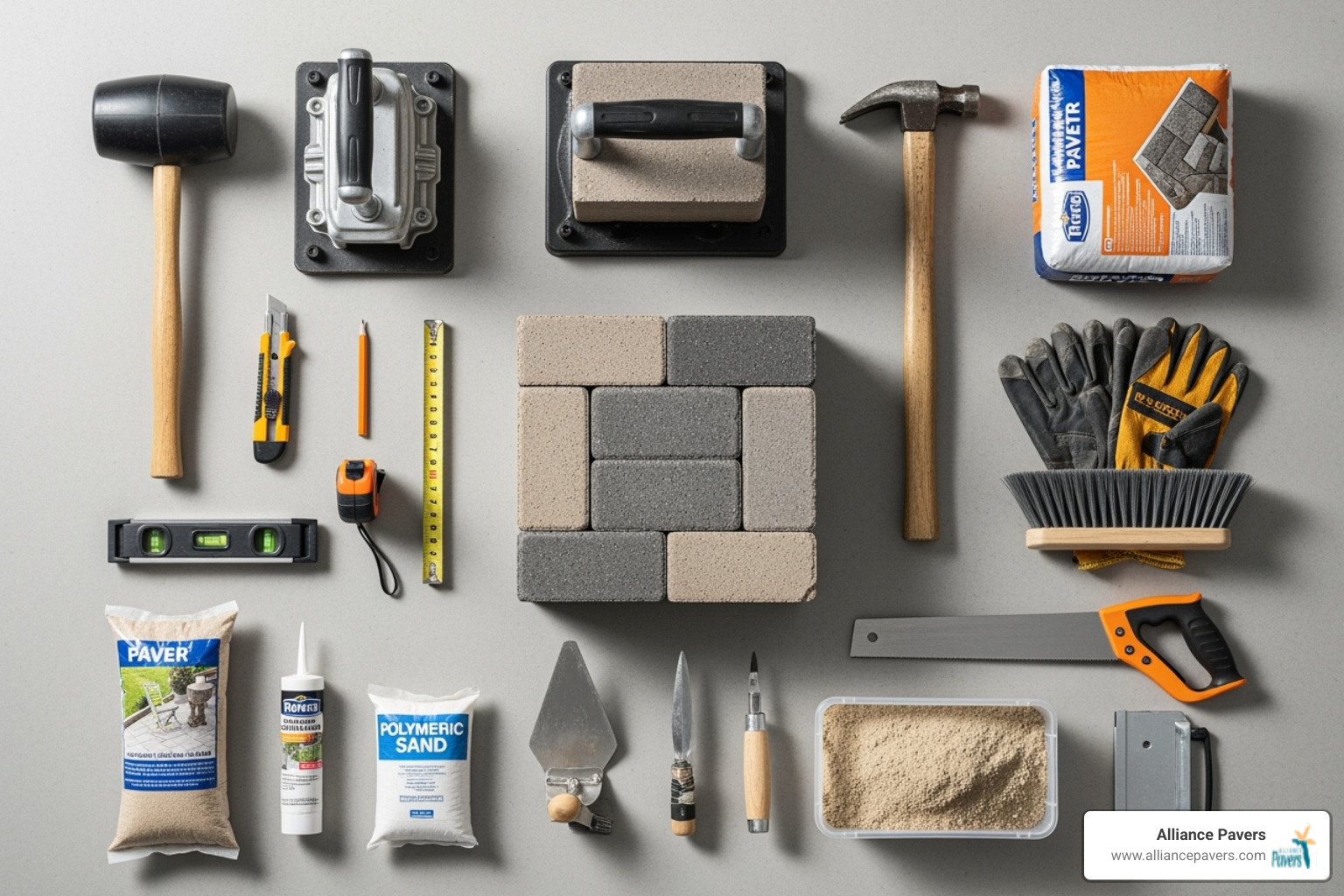 all the necessary tools and materials laid out neatly - Marble Paver Installation