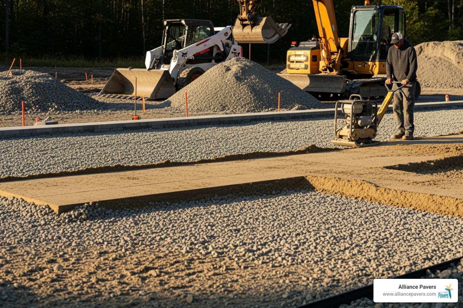 paver installation process in action, showing the base layers - Marble Paver Installation