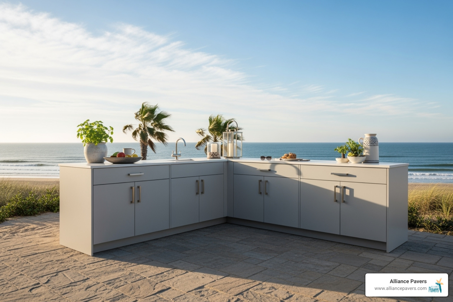 sleek, modern HDPE outdoor cabinets in a coastal setting - outdoor cabinets