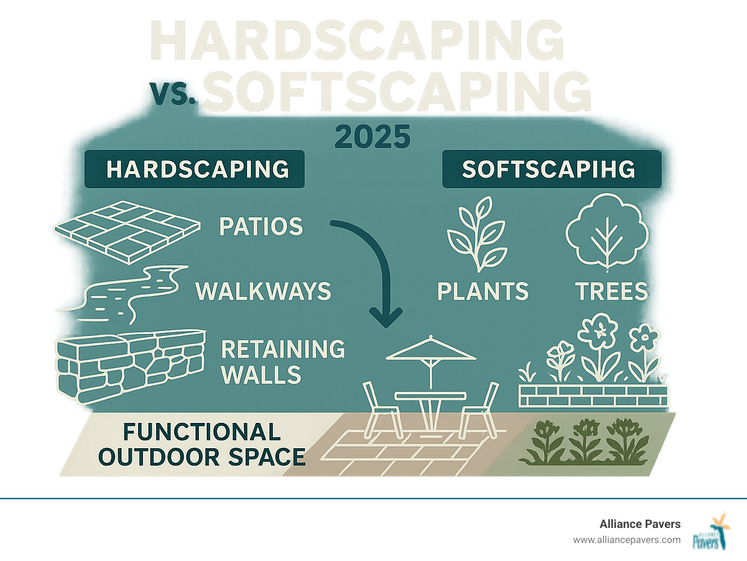 Infographic showing the difference between hardscaping (patios, walkways, walls) and softscaping (plants, trees, grass) and how they work together.