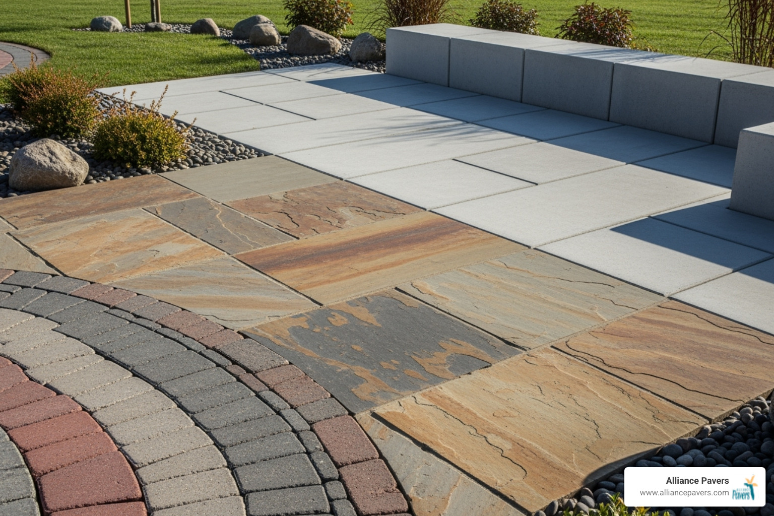 A variety of hardscaping materials, including interlocking concrete pavers, natural flagstone, and classic red bricks, are laid out for comparison.