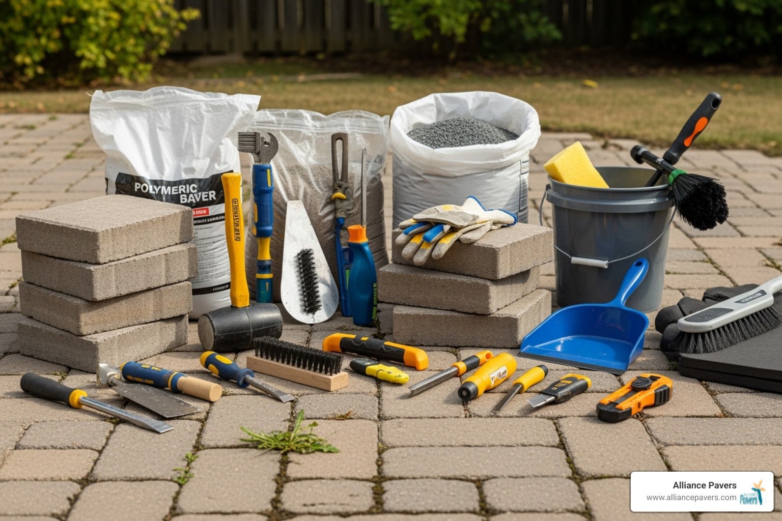 necessary tools and materials laid out on a patio - Patio paver repair