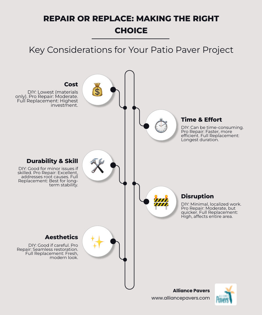 Comparison table of DIY paver repair vs. professional repair, highlighting factors like cost savings, time commitment, skill level required, and long-term effectiveness - Patio paver repair infographic infographic-line-5-steps-neat_beige