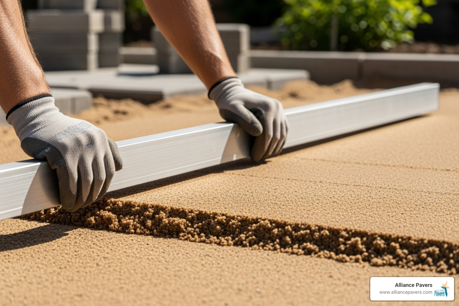 person leveling the sand base with a screed board - Patio paver repair