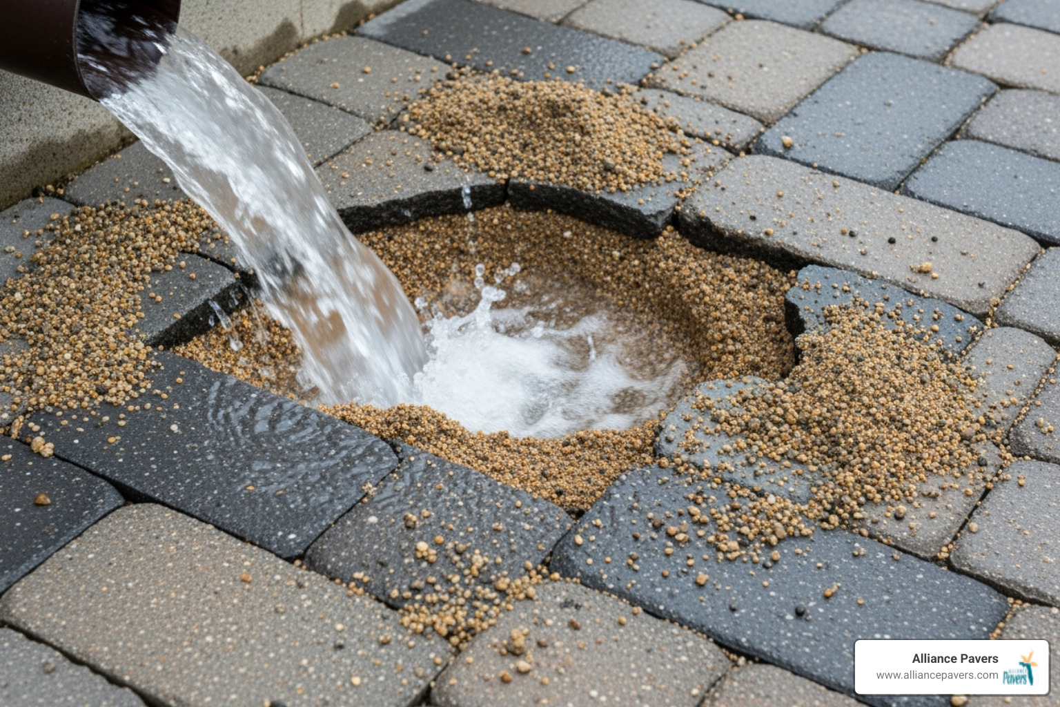 downspout causing erosion next to a paver patio - Patio paver repair