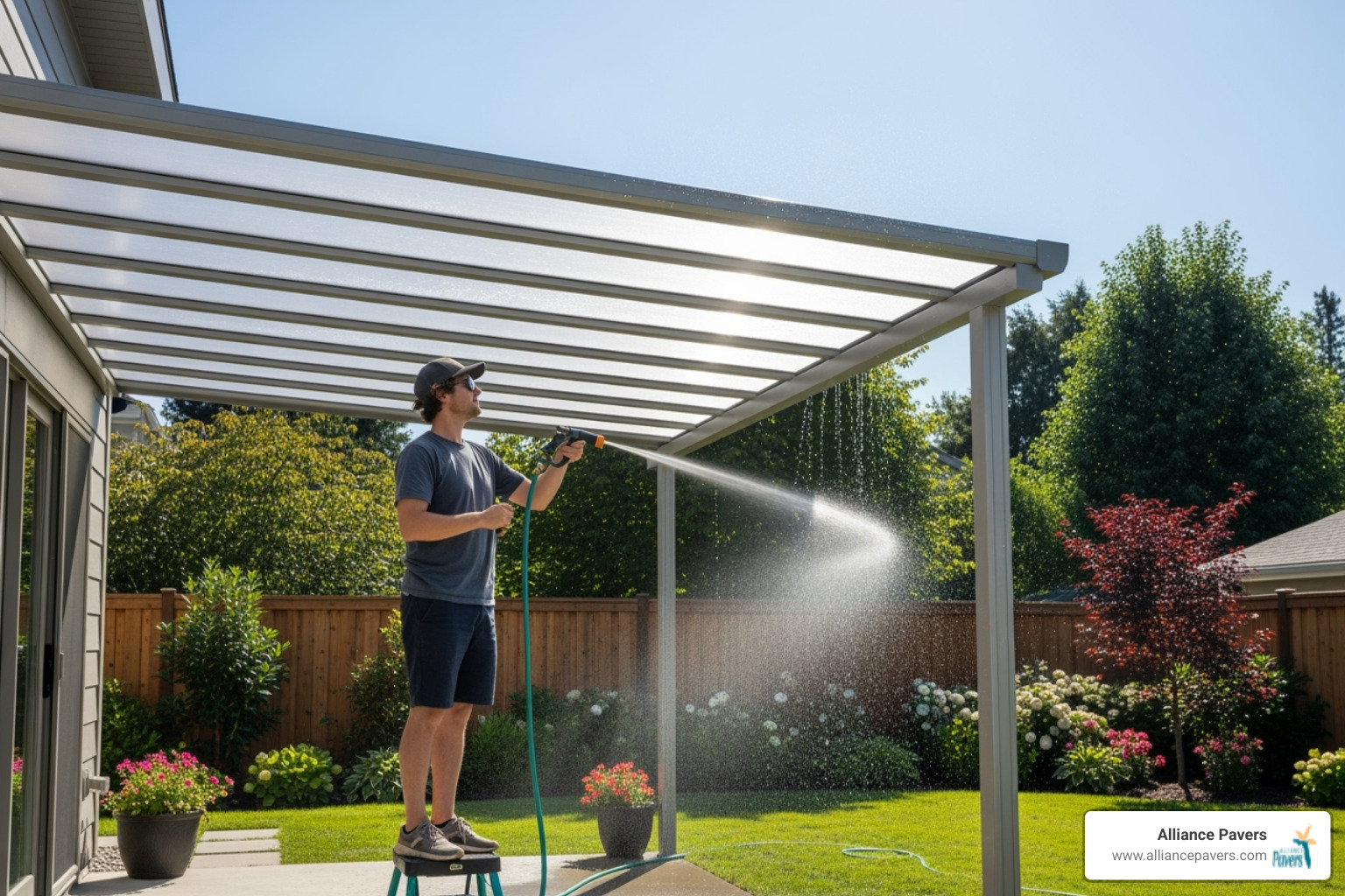 homeowner cleaning a low-maintenance aluminum patio cover - how much does a custom patio cover cost