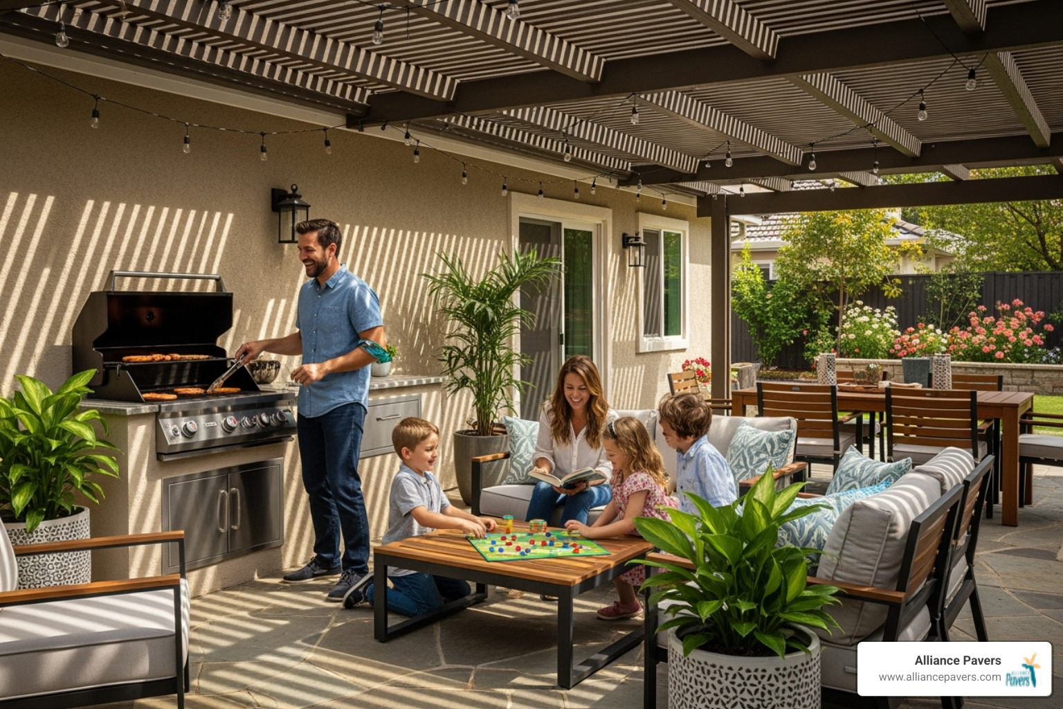 happy family enjoying their new covered patio space - how much does a custom patio cover cost