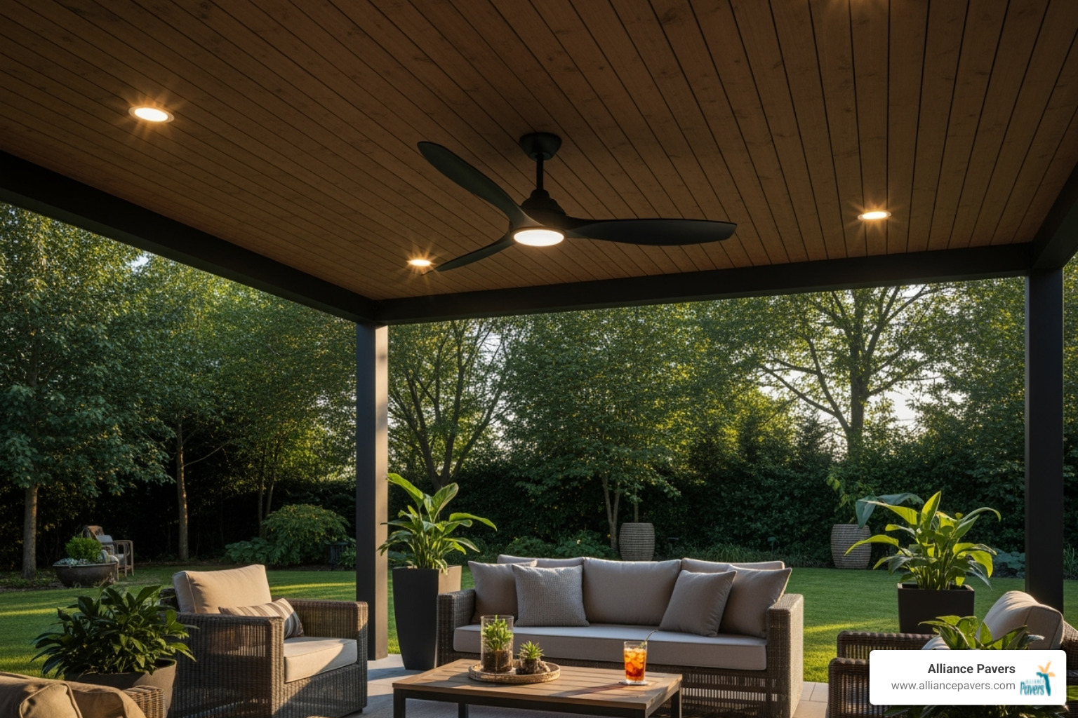 patio cover with integrated recessed lighting and a ceiling fan - how much does a custom patio cover cost