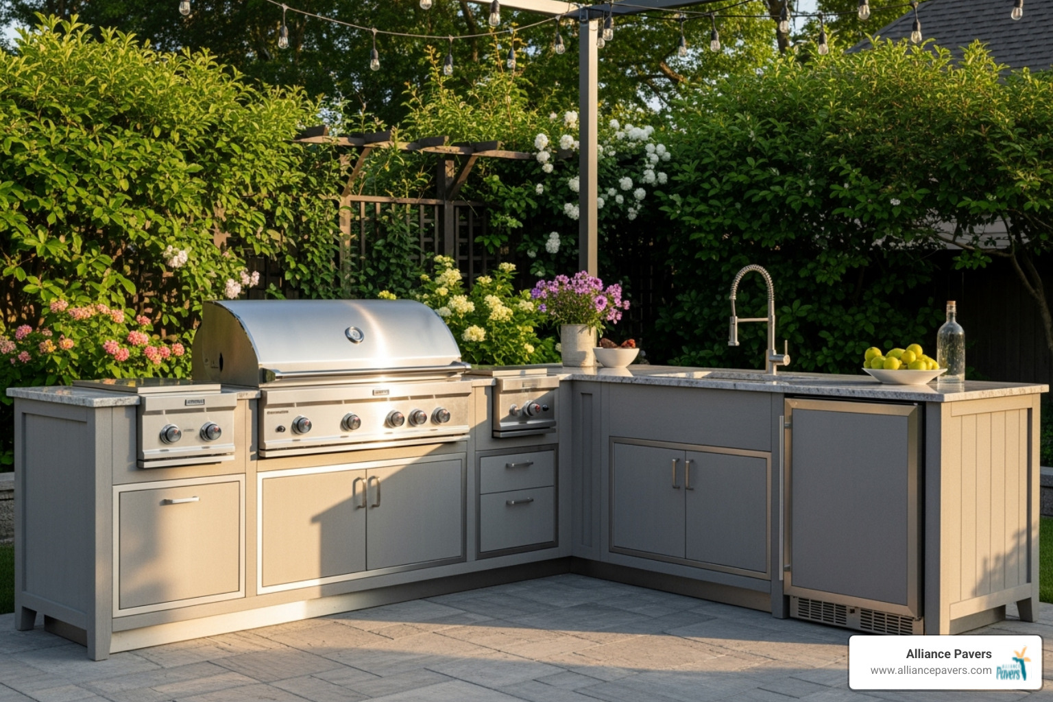 outdoor kitchen showing a built-in grill, side burner, and outdoor refrigerator integrated into the cabinets - outdoor cabinets