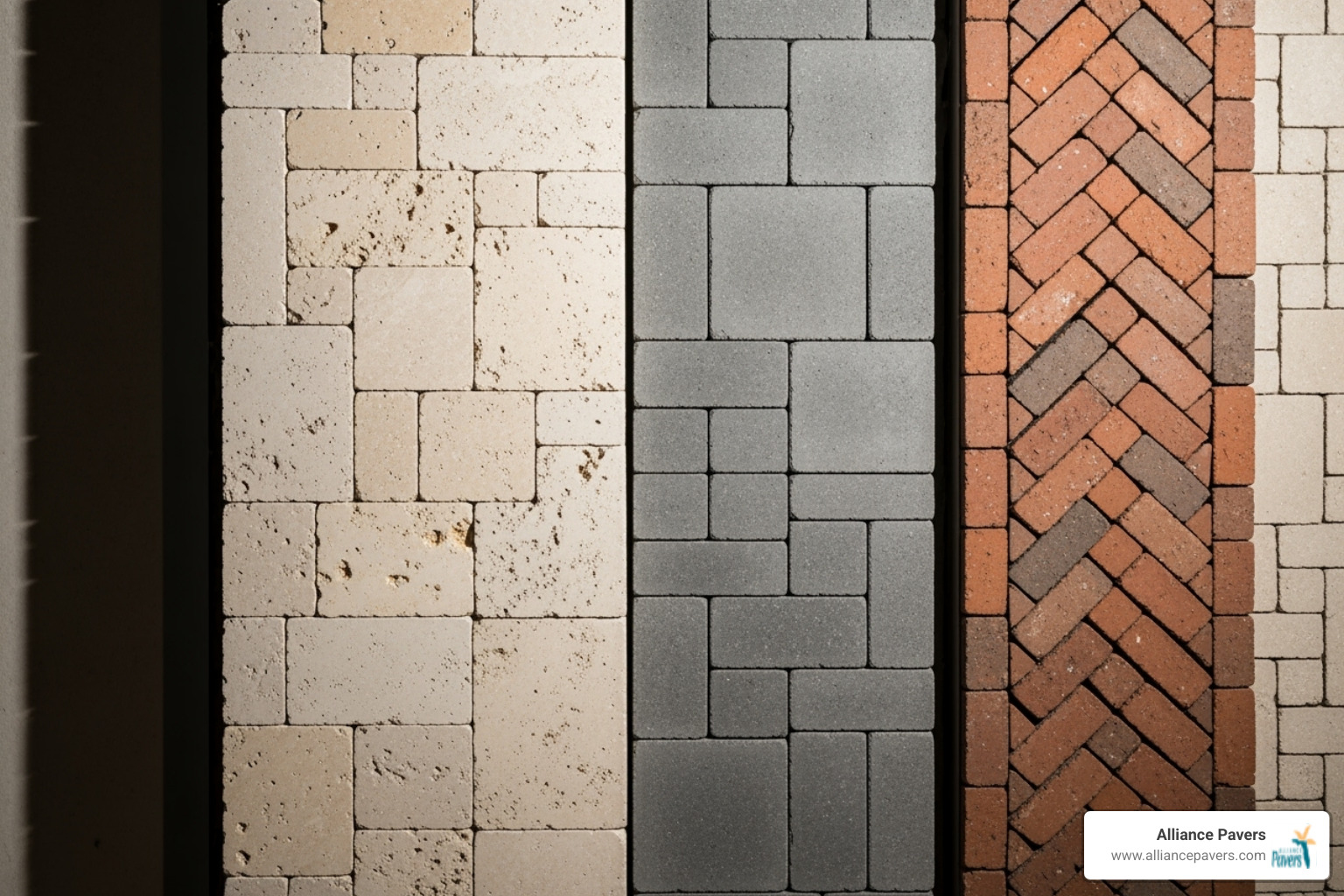 Various paver materials like travertine, concrete, and brick - paver installation companies near me