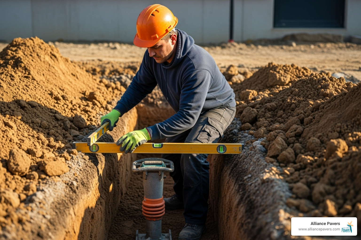 foundation trench being prepared with a level and tamper - Seating Walls Installation