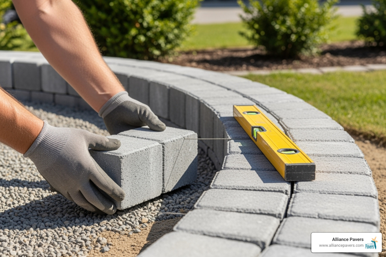 first course of paver blocks being laid and leveled - Seating Walls Installation
