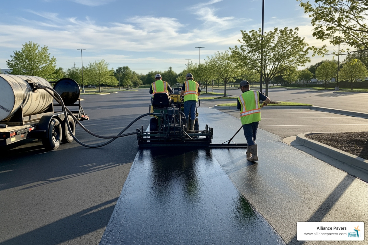 Image of a paving crew applying sealcoat to a parking lot - Commercial paving solutions
