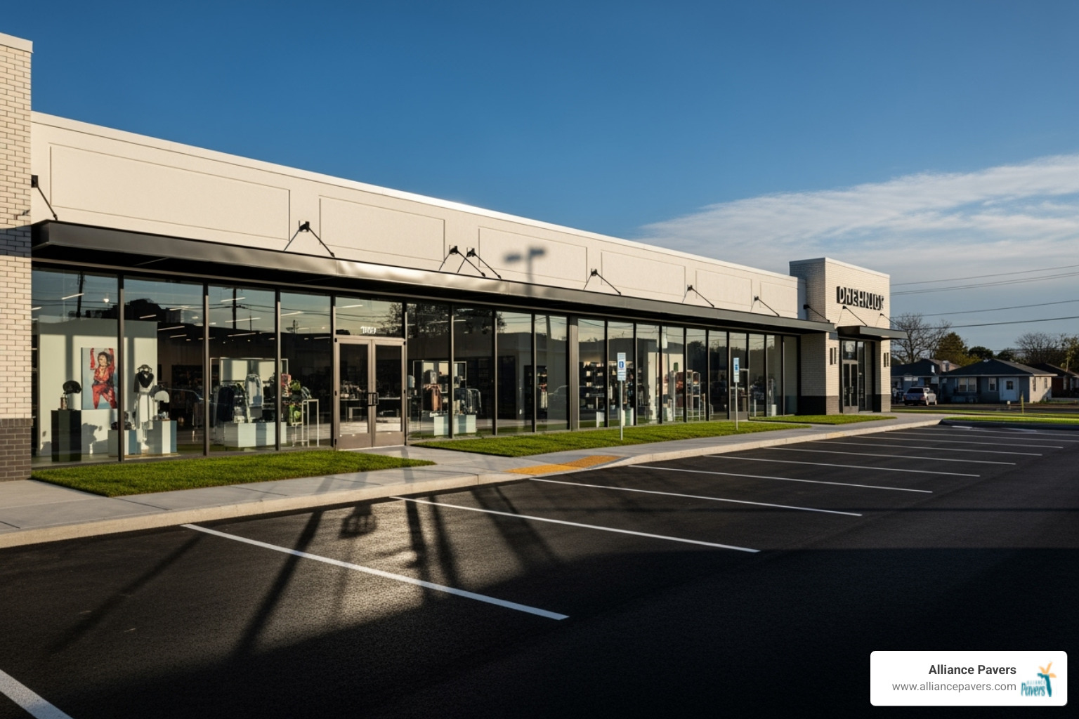 Image of a storefront with an attractive, freshly paved entrance - Commercial paving solutions