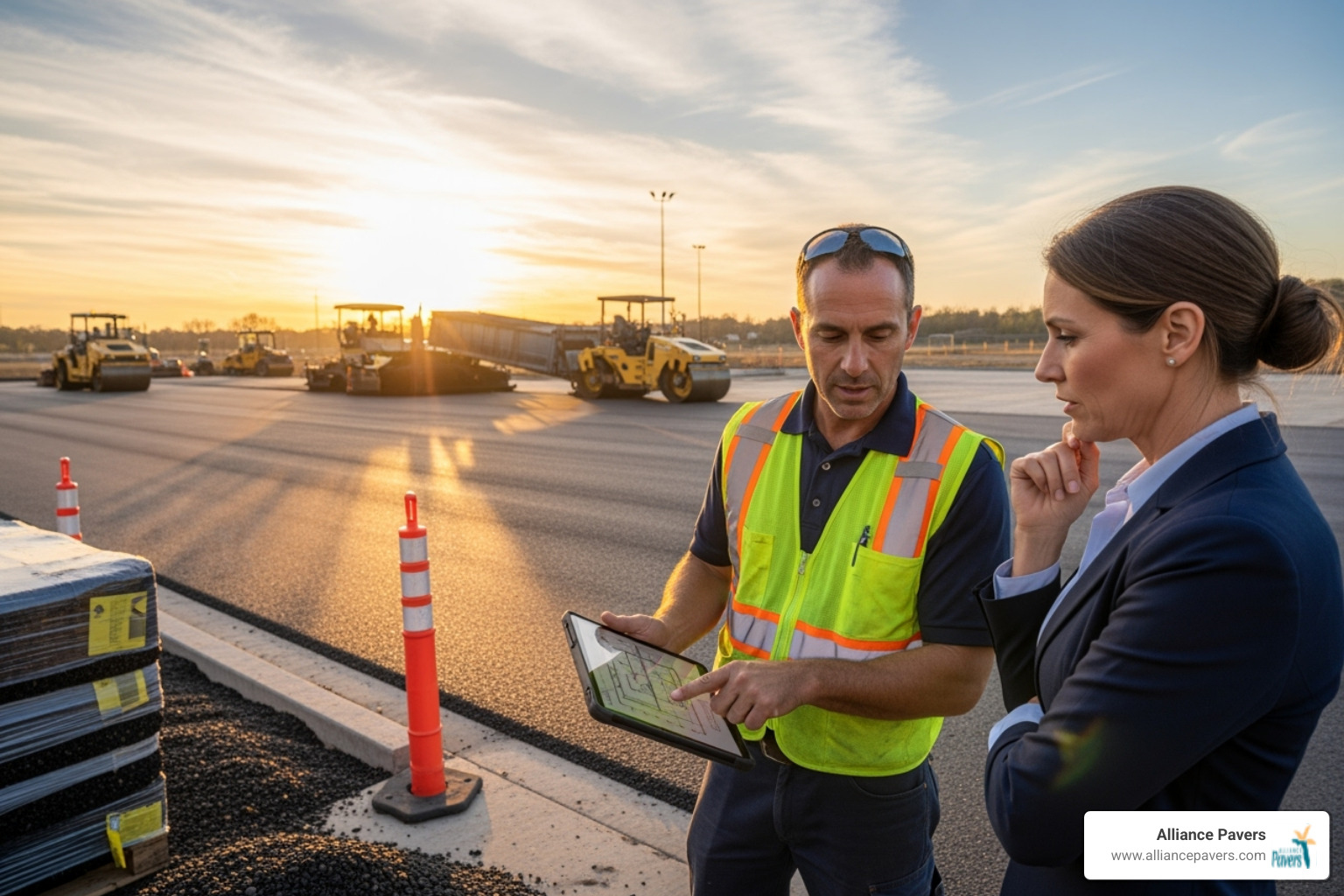 Image of a professional paving contractor discussing plans with a business owner - Commercial paving solutions