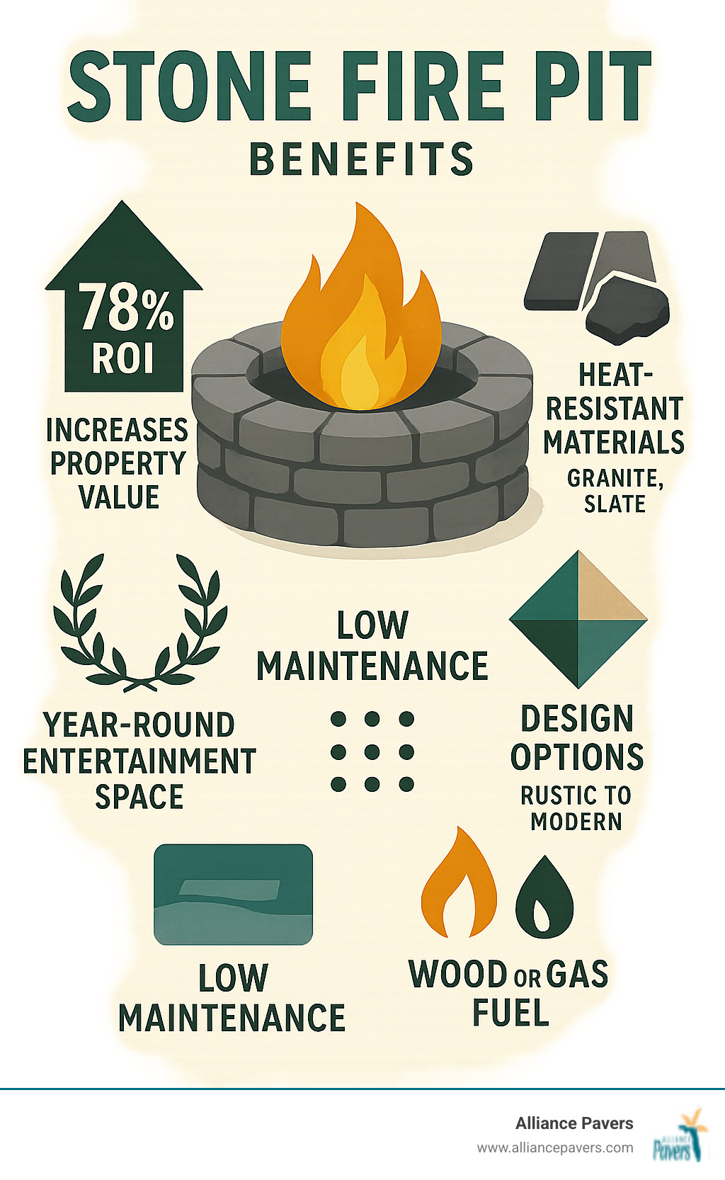 Infographic showing stone fire pit benefits including increased property value up to 78% ROI, year-round entertainment space, low maintenance requirements, heat-resistant materials like granite and slate, design options from rustic to modern, and compatibility with wood or gas fuel sources - Stone fire pit infographic 