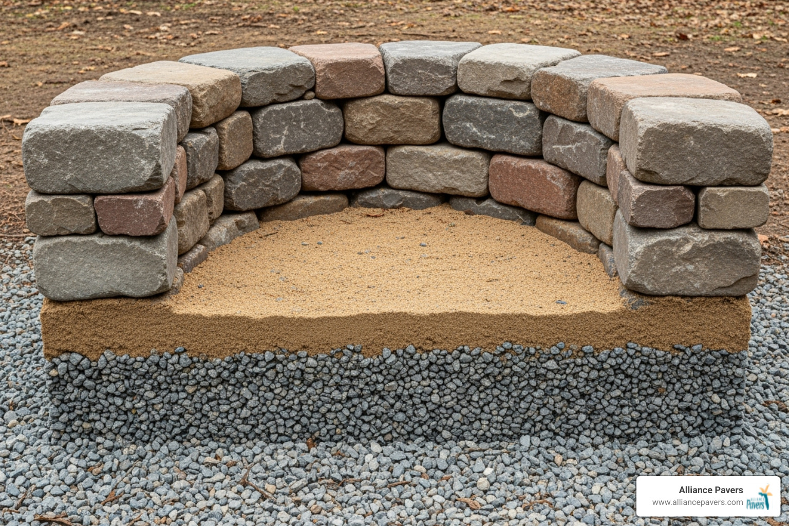 Layers of a fire pit build, showing the base, drainage, and stone courses - Stone fire pit
