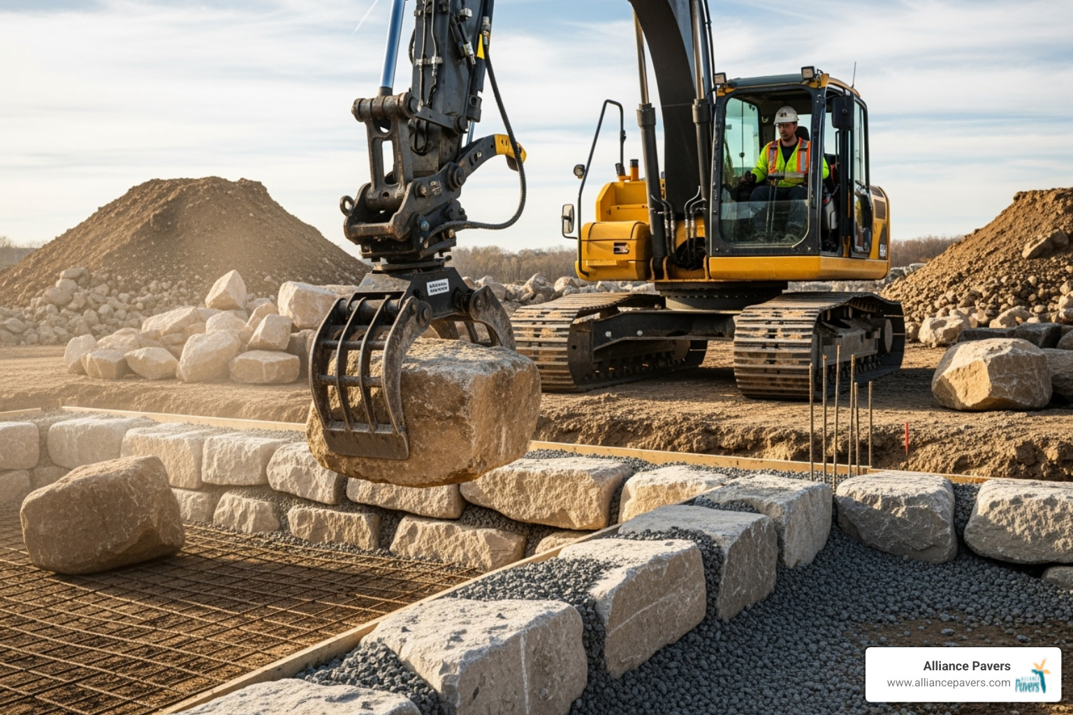 Contractor using an excavator with a grapple to carefully place a large boulder into a retaining wall foundation - large boulders for retaining walls