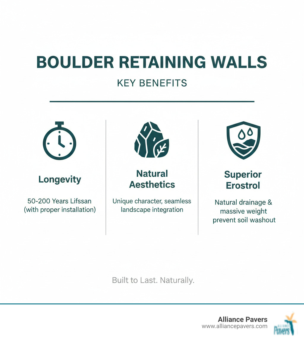 Infographic showing three main benefits of boulder retaining walls: Longevity (50-200 years lifespan with proper installation), Natural Aesthetics (unique character with each stone blending seamlessly into landscape), and Superior Erosion Control (natural drainage gaps and massive weight prevent soil washout) - large boulders for retaining walls infographic 
